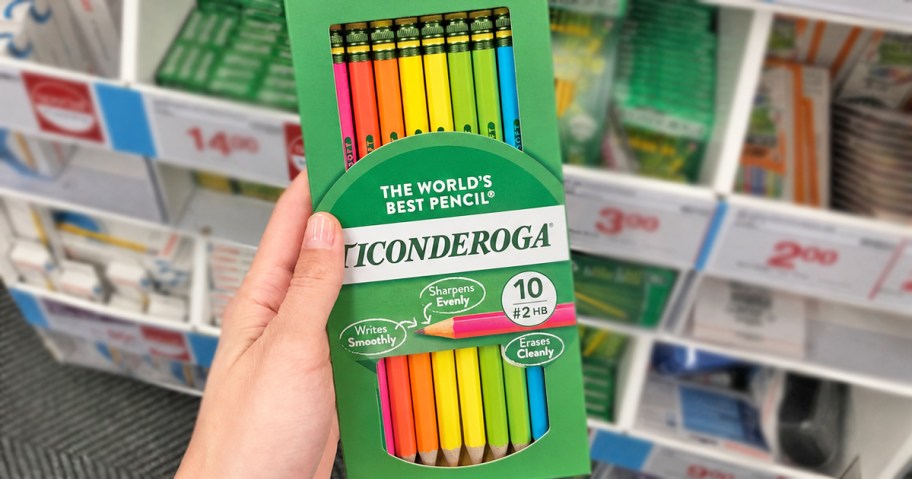 hand holding a pack of Ticonderoga Neon Pencils in store