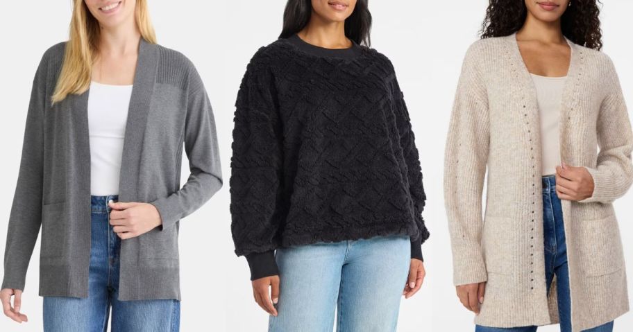 Stock images of 3 women wearing time and tru sweaters