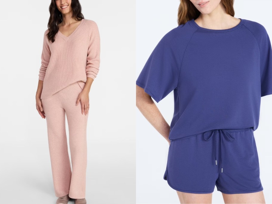 women wearing time and true sweater set and joyspun shorts lounge set