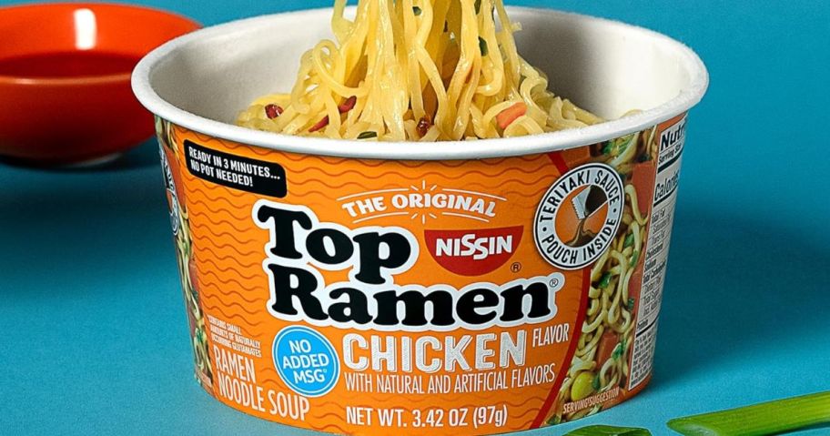 top ramen chicken cup with blue background