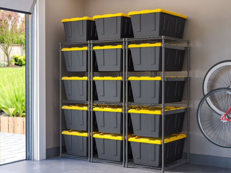 Tote holder displayed in a garage