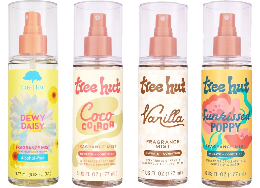 4 bottles of Tree Hut Fragrance Mists in a row