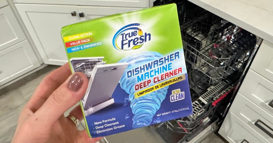 hand holding a box of dishwasher cleaning tablets