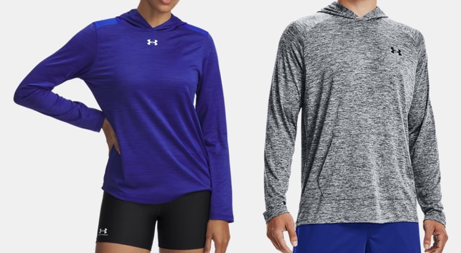 people modeling blue and grey hoodies