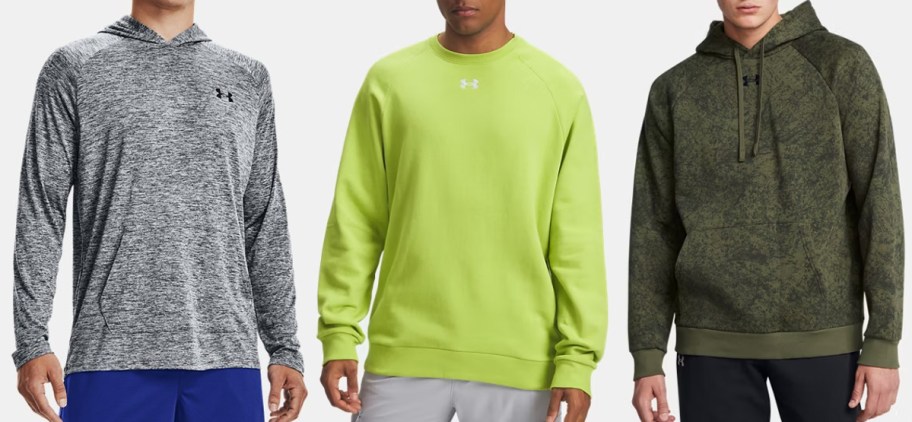 three men in grey and green hoodies