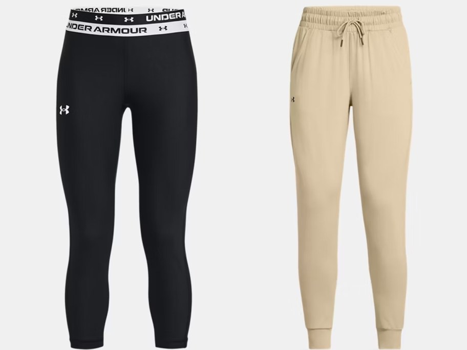 black leggings and tan joggers
