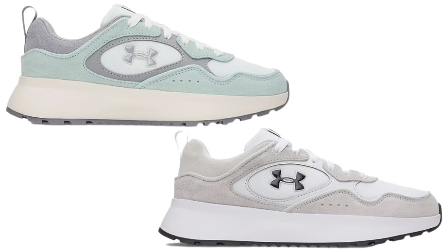 light green and beige under armour shoes