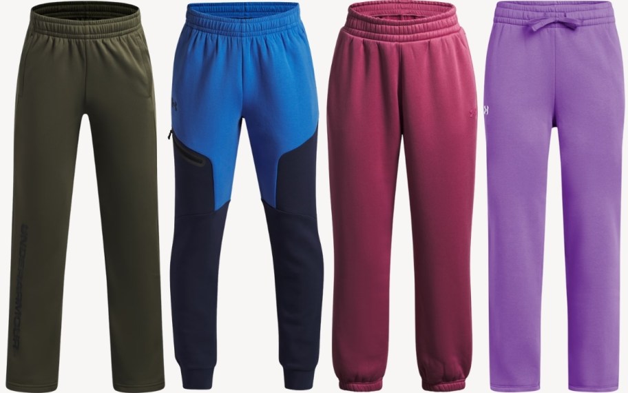 four pair of kids fleece pants in differents styles & colors