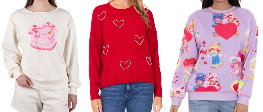 three women modeling valentines day sweatshirts