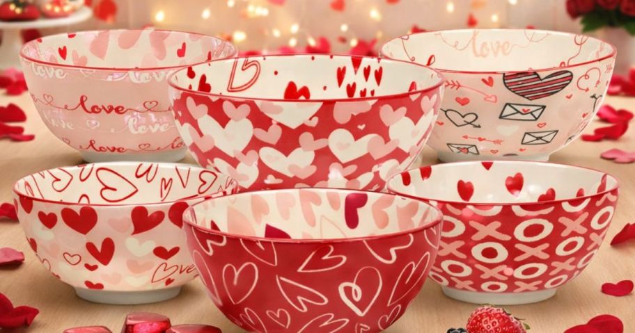 valentines day bowls displayed on top of a table with treats
