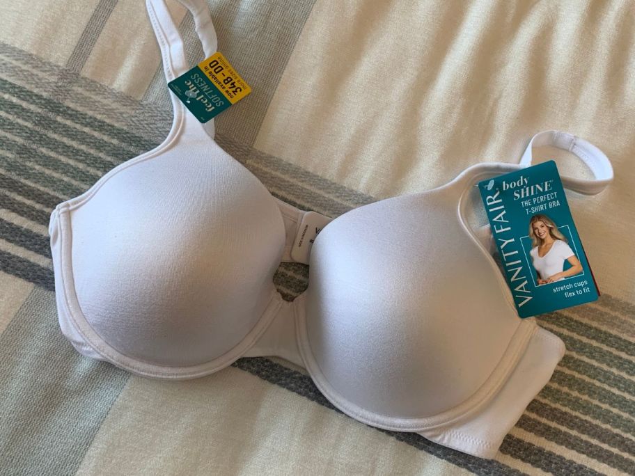 Vanity Fair Body Shine Full Coverage Wireless Bra on bed