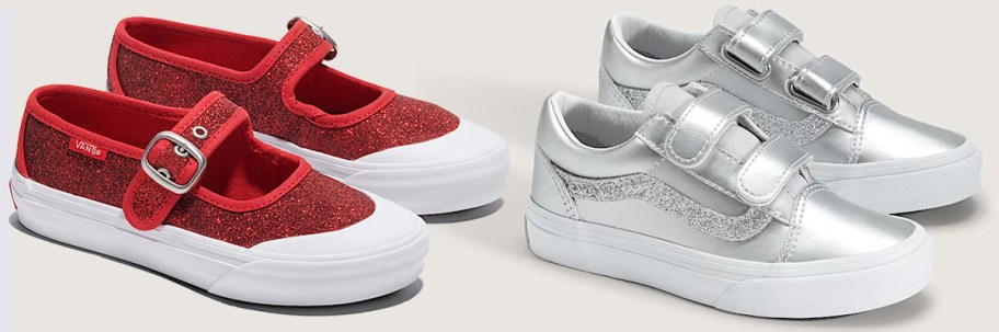 red and silver pairs of vans shoes