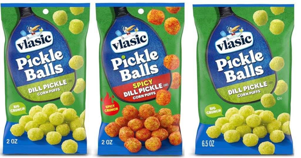 Different sized bags of vlasic pickle balls