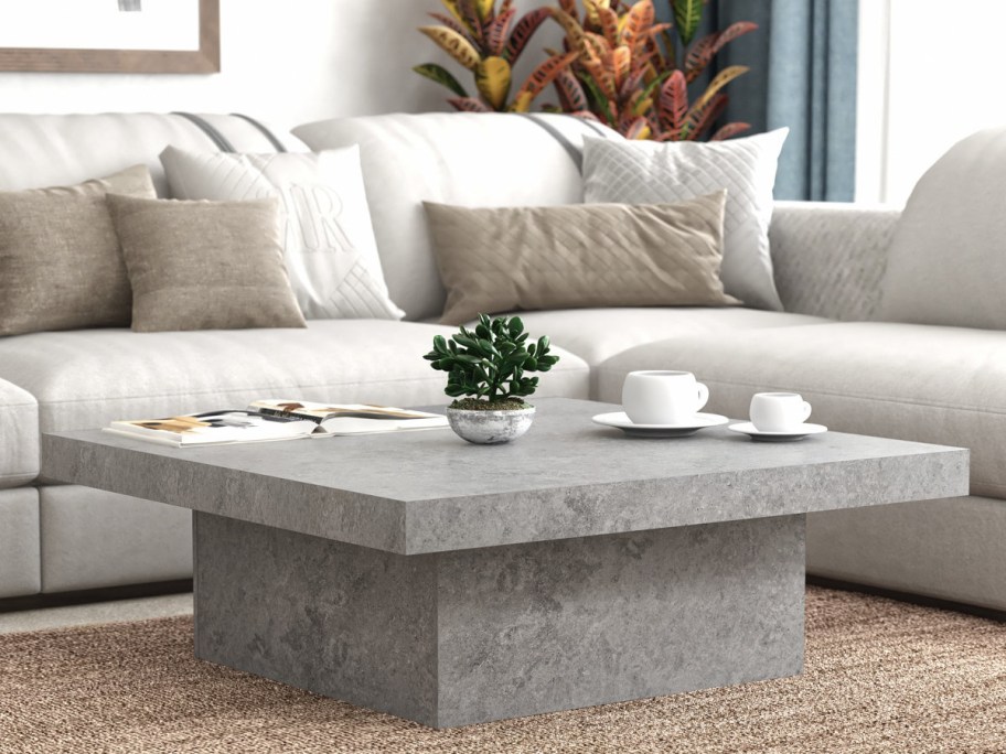 Modern living room with a gray stone coffee table holding a plant and two cups. A beige couch with cushions and colorful plant in the background.