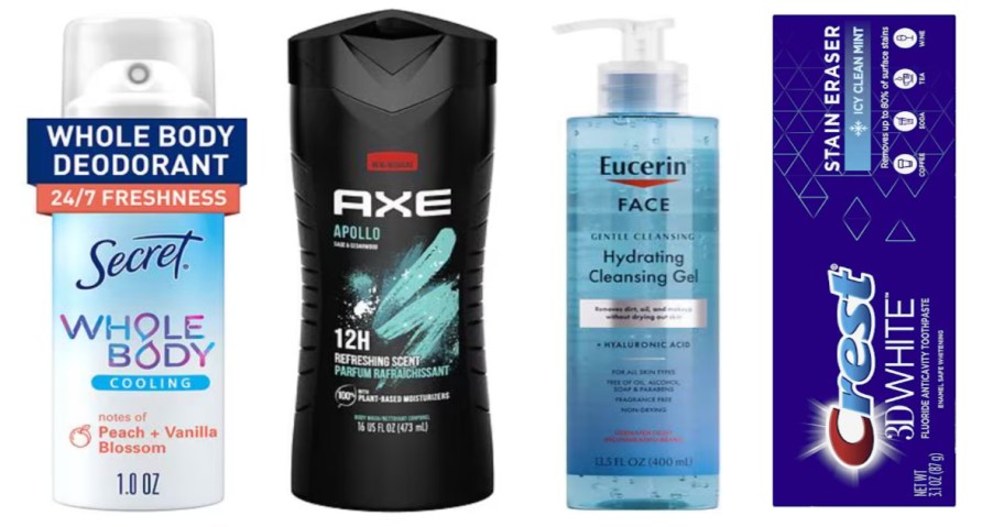 deodorant, body wash, face wash and toothpaste
