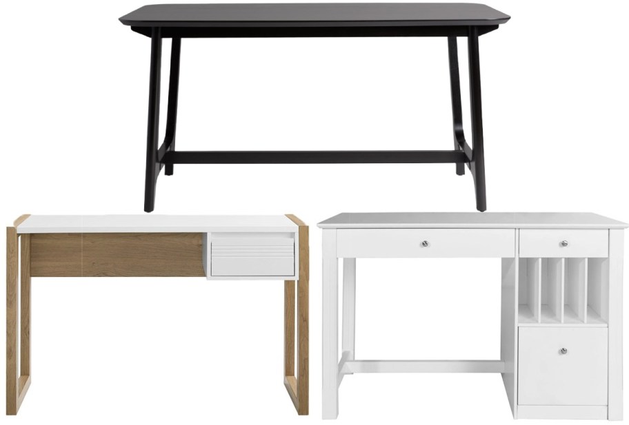 A table and two desks are shown. The top shows a sleek black table with angled legs. Below, a minimalist brown and white desk and an elegant white desk with drawers.