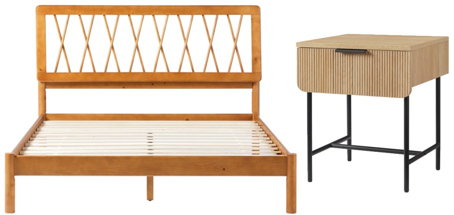 wood bed frame and night stand