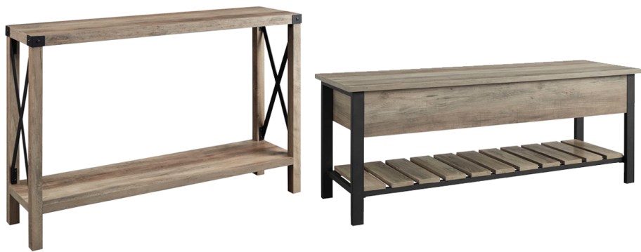 distressed wood console table and entryway bench