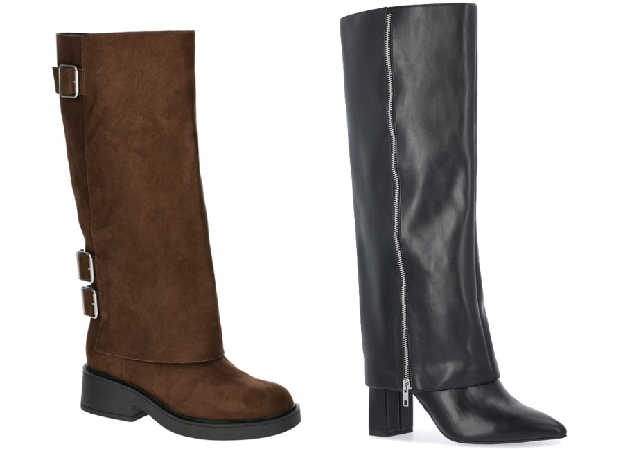 brown and black knee high boots