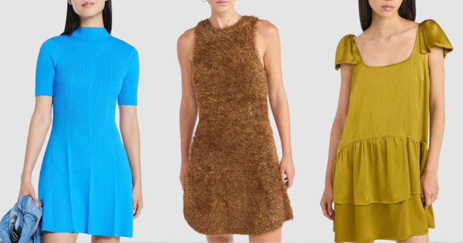 Stock images of 3 women wearing Scoop dresses from Walmart