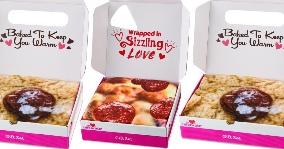 pizza and cookie print blankets in a gift box
