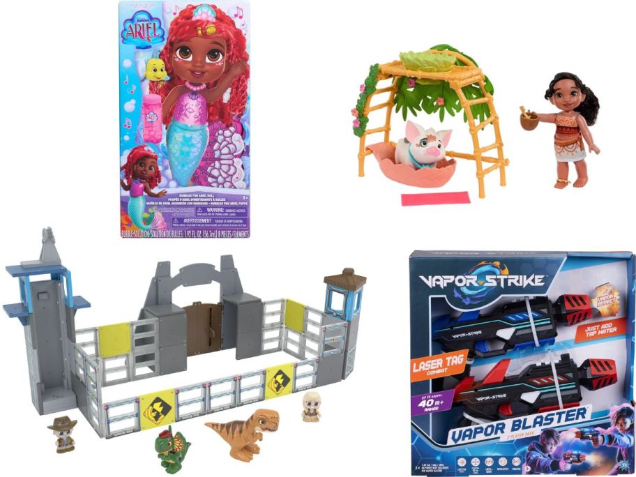 Stock images of 4 toys from Woot including Disney Princess, Jurassic World and Vapor Strike