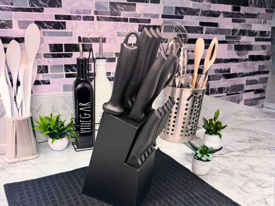 black 14-Piece Kitchen Knife Set on counter