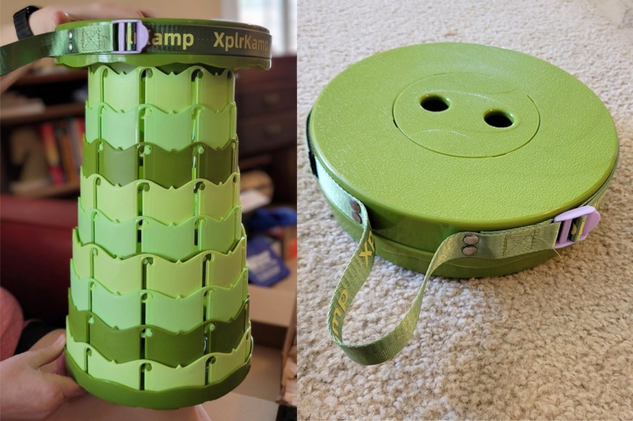 two photos of a green collapsable stool opened and closed