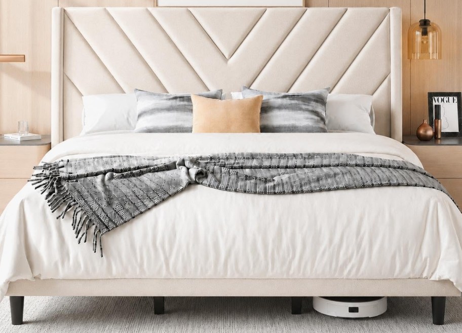 Yaheetech King Bed Frame w: Chevron Channel-Tufted Headboard