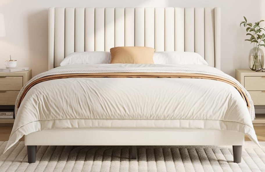 Yaheetech Queen Platform Bed Frame w: Channel-Tufted Headboard