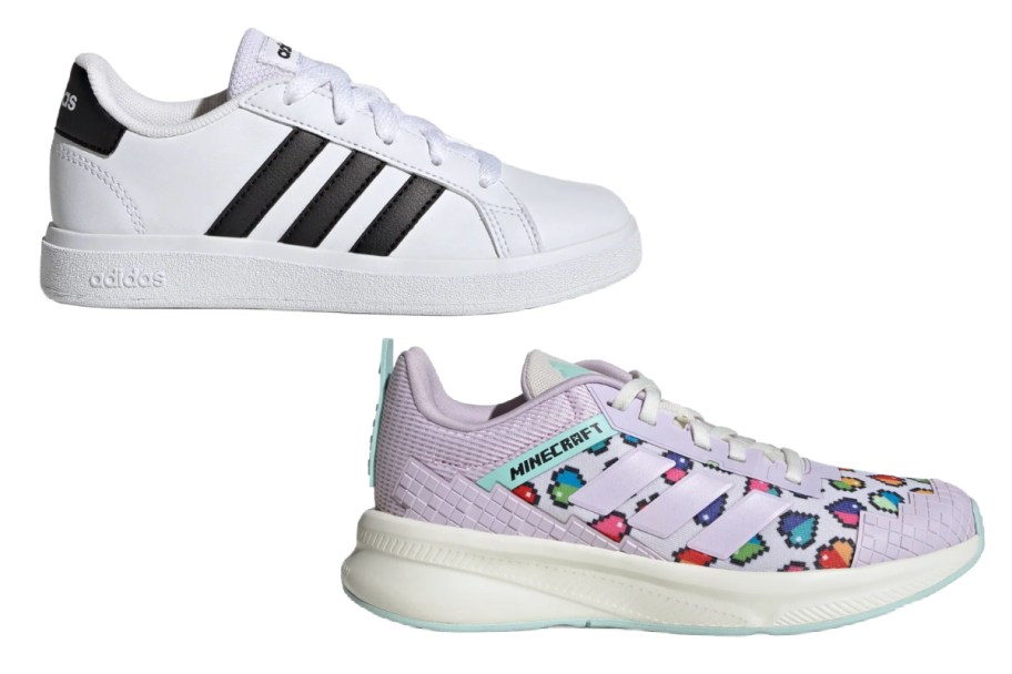 white sneakers with 3 black stripes and purple sneakers with minecraft pattern