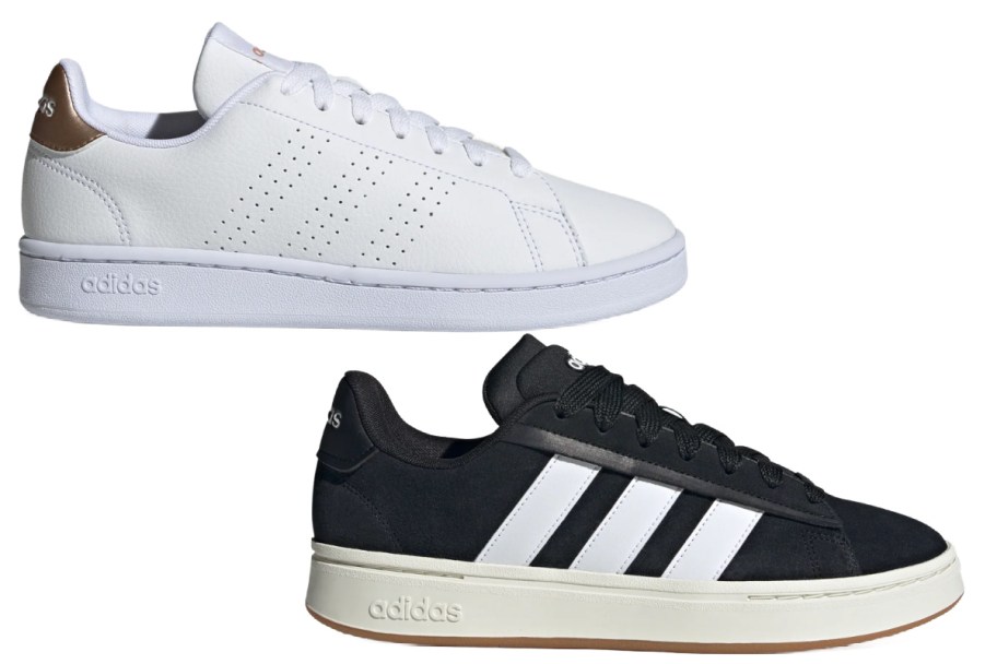 white sneaker and black sneaker with 3 white stripes