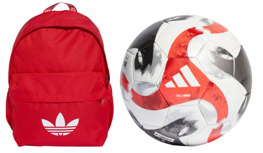 red backpack and red and black soccer ball