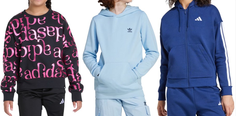 three people modeling adidas sweatshirts