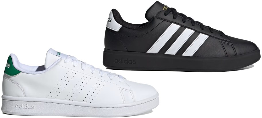 white and black pairs of adidas sneakers