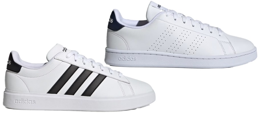 two white and black adidas sneakers