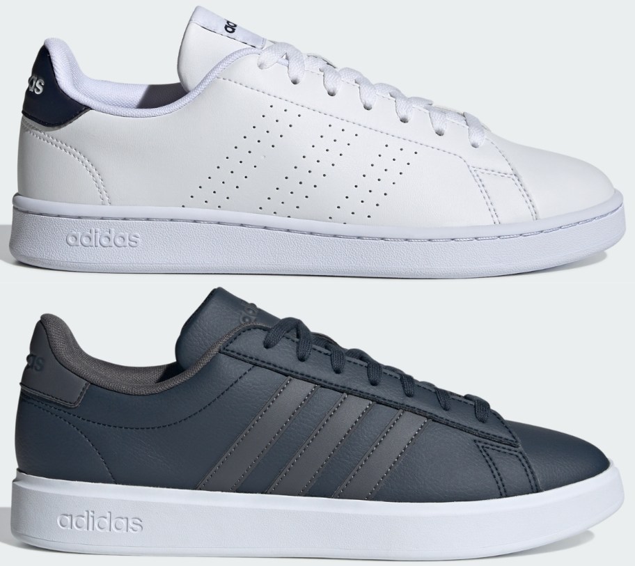 a white leather mans shoe and a navy blue leather mens shoe