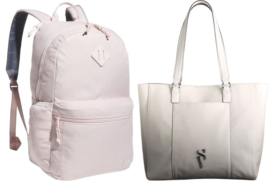 a pink backpack and a white tote bag