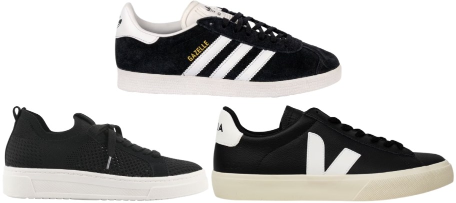 womens white mountain sneaker, unisex adidas sneaker and black veja leather sneaker