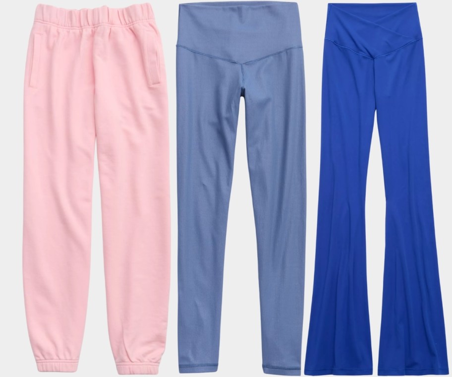 a pair of joggers, leggings, and flare leggings