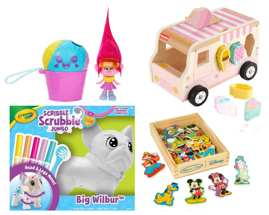 trolls toy, toy ice cream truck, scribble scrubbis box, mickey magnets in box