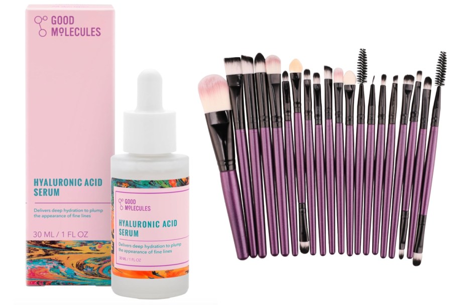 serum bottle and many makeup brushes