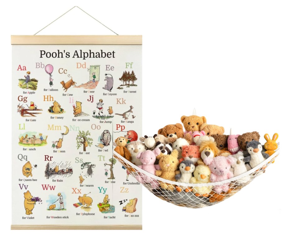 winnie the pooh poster and hanging basket with stuffed animals