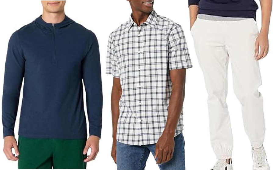 Three clothing styles: a man in a navy long-sleeve hoodie and green pants, another in a white plaid shirt and jeans, and white joggers with sneakers.