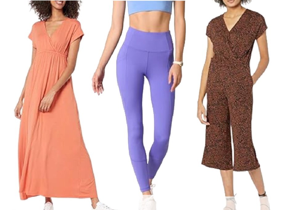 Three women are shown in various outfits: an orange maxi dress, blue sports bra and lilac leggings, and a brown patterned jumpsuit.