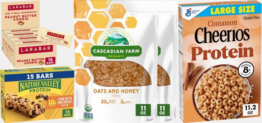lara bars, granola bars, two bags of granola and box of cheerios