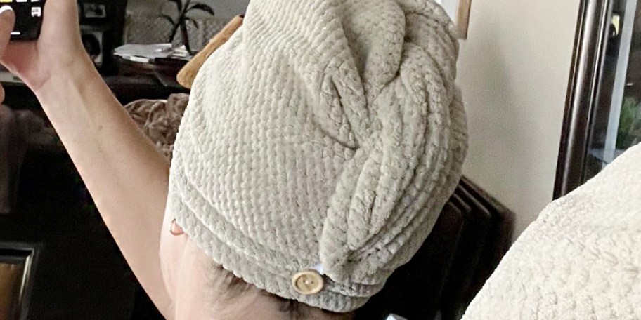 woman wearing tan hair towel 