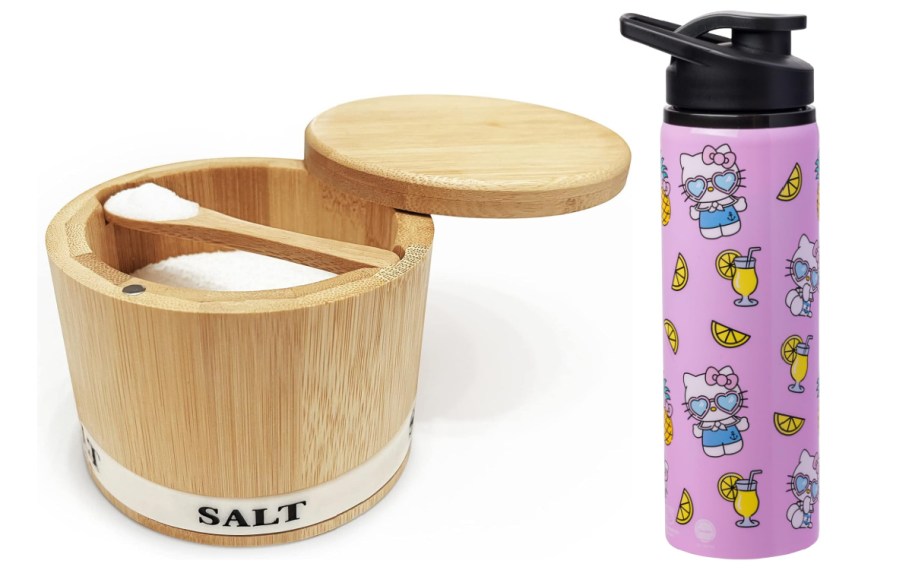 round bamboo box with salt and purple water bottle with white cats