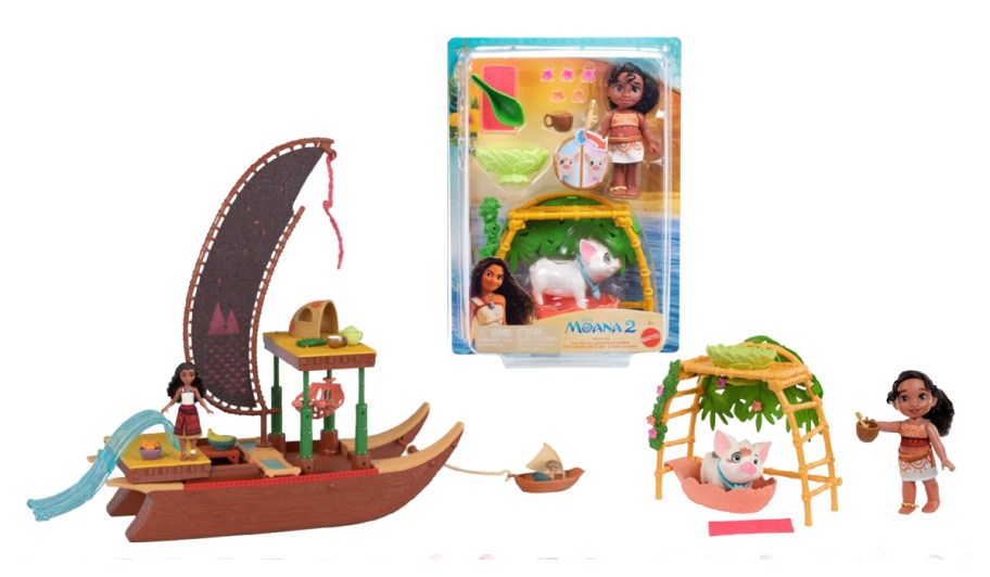 two moana toys, one boat