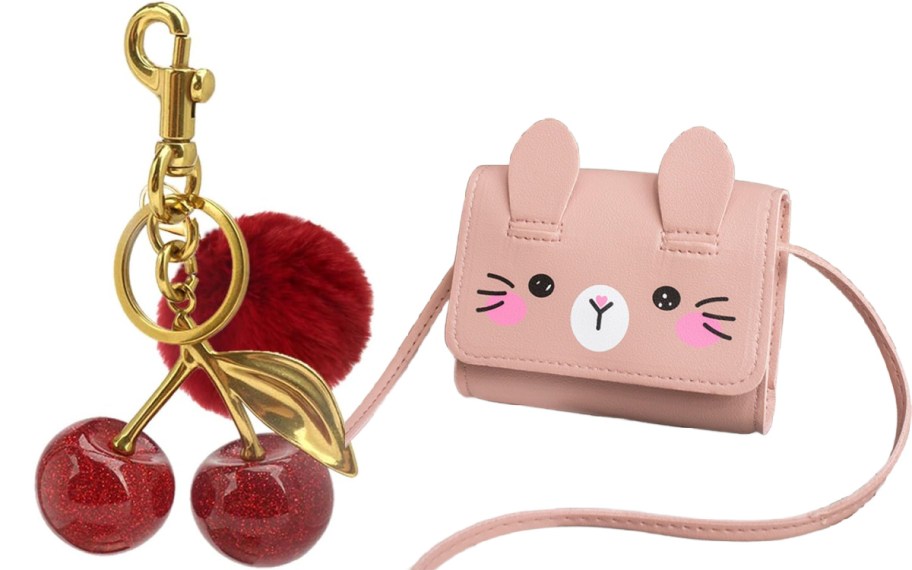 cherry keychain and pink cat purse